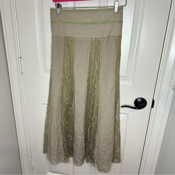 Y2K J.Lee Tan Khaki Green Floral Lace Striped Pleated Maxi Skirt Sz M Fairycore - Picture 1 of 8